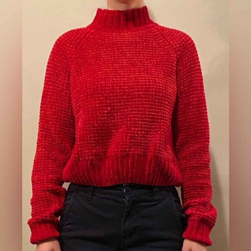 Red velvet knit sweater